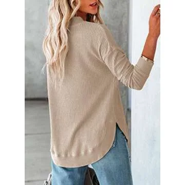 Dokotoo Womens Ladies Plus Size Winter Waffle Solid Sweatshirts Loose Fit Casual Crewneck Long Sleeve Fall Shirts Side Split Spring Pullover Blouse Tops Lightweight Sweaters Apricot US(8-10) M