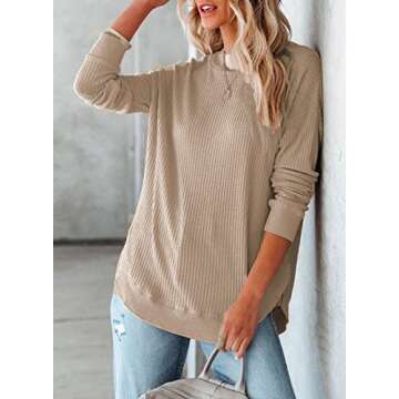 Dokotoo Womens Ladies Plus Size Winter Waffle Solid Sweatshirts Loose Fit Casual Crewneck Long Sleeve Fall Shirts Side Split Spring Pullover Blouse Tops Lightweight Sweaters Apricot US(8-10) M