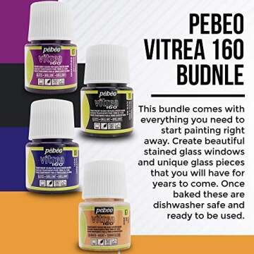 Moshify Pebeo Vitrea 160 Glass Paint - Transparent Colour Glossy and Brilliant - Made in France - DIY Craft Paint for Stained Glass and More - Set of 8 Colors Bundled Application Brushes