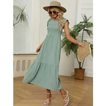 OFEEFAN Smocked Maxi Dress Casual Dresses for Women Pleated Dress for Women Green XS