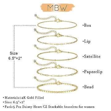 MBW Dainty Gold Bracelet for Women, 14k Gold Bracelets for Women Trendy Bracelet Stack Waterproof Jewelry for Women Minimalist Simple Small Thin Bracelet Set for Women Gifts
