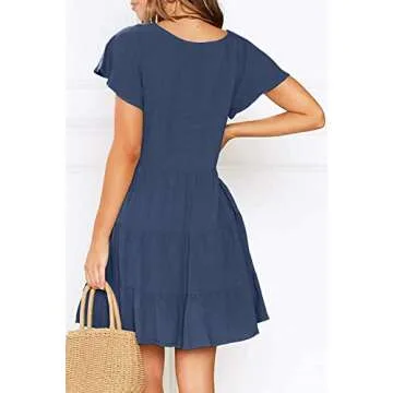 MITILLY Women's Summer Short Sleeve V Neck Button Down Casual Tunic Dress with Pockets Medium Dark Blue