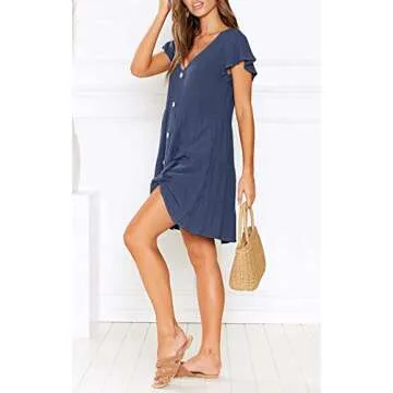 MITILLY Women's Summer Short Sleeve V Neck Button Down Casual Tunic Dress with Pockets Medium Dark Blue