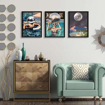 Godont Summer Blue Pool Hot Girls Disco Ball Posters Blue Pool Bikini Wall Art Retro Cocktail Wall Art Aesthetic Paintings Girls Dormitory Canvas Decoration 12x16x3 Inches