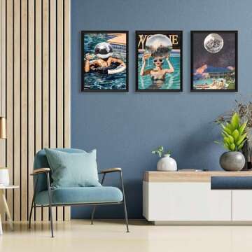 Godont Summer Blue Pool Hot Girls Disco Ball Posters Blue Pool Bikini Wall Art Retro Cocktail Wall Art Aesthetic Paintings Girls Dormitory Canvas Decoration 12x16x3 Inches