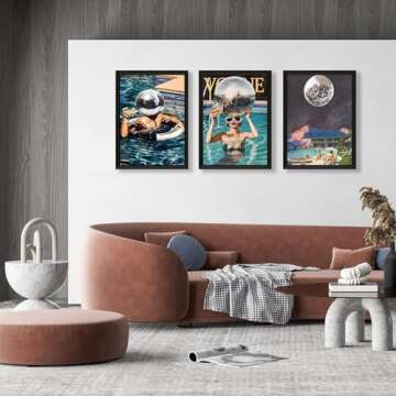 Godont Summer Blue Pool Hot Girls Disco Ball Posters Blue Pool Bikini Wall Art Retro Cocktail Wall Art Aesthetic Paintings Girls Dormitory Canvas Decoration 12x16x3 Inches