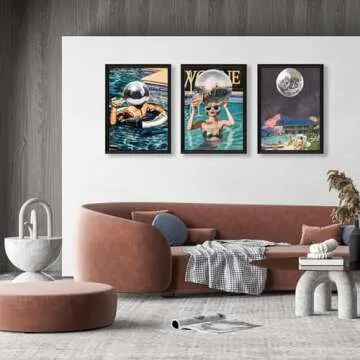 Godont Summer Blue Pool Hot Girls Disco Ball Posters Blue Pool Bikini Wall Art Retro Cocktail Wall Art Aesthetic Paintings Girls Dormitory Canvas Decoration 12x16x3 Inches