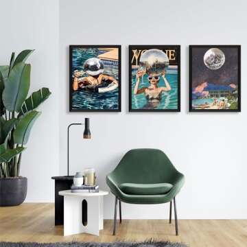 Godont Summer Blue Pool Hot Girls Disco Ball Posters Blue Pool Bikini Wall Art Retro Cocktail Wall Art Aesthetic Paintings Girls Dormitory Canvas Decoration 12x16x3 Inches