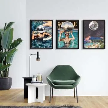 Godont Summer Blue Pool Hot Girls Disco Ball Posters Blue Pool Bikini Wall Art Retro Cocktail Wall Art Aesthetic Paintings Girls Dormitory Canvas Decoration 12x16x3 Inches