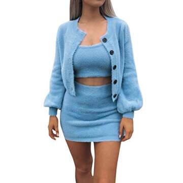 Women’s 3 Piece Fuzzy Outfits Set Fleece Knit Button Cardigan Camisole with Sexy Slim Skirt Casual...