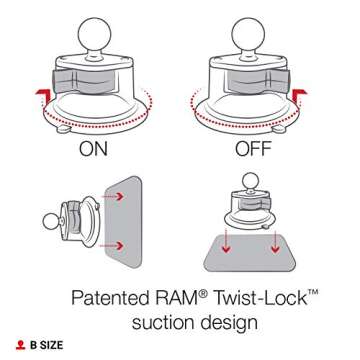 RAM Mounts Twist-Lock Suction Cup Base with Ball RAM-B-224-1U with B Size 1" Ball for Vehicle Windshields