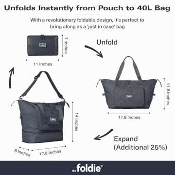 The Foldie® Foldable Travel Bag for Women [LARGE CAPACITY] - Packable & Expandable Tote Bag with Zipper - Grey