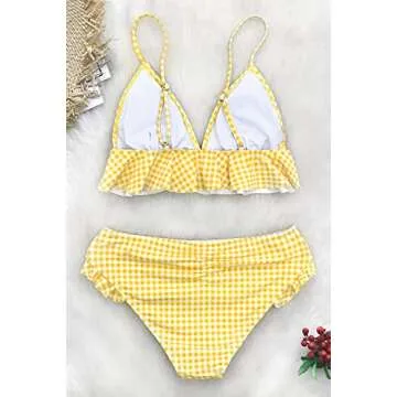CUPSHE Women's Rambling Rose High-Waisted Push Up Bikini Set (Small (USA 4/6), Yellow White)