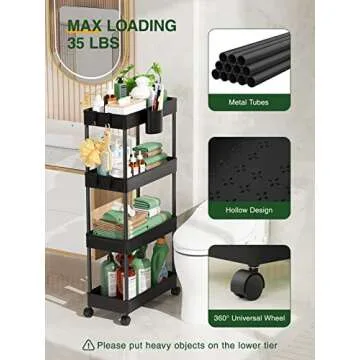 LEHOM Slim Rolling Storage Cart - 4 Tiers Bathroom Organizer Utility Cart Slide Out Storage Shelves Mobile Shelving Unit for Kitchen, Bedroom, Office, Laundry Room, Small Narrow Spaces Black