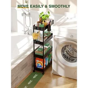 LEHOM Slim Rolling Storage Cart - 4 Tiers Bathroom Organizer Utility Cart Slide Out Storage Shelves Mobile Shelving Unit for Kitchen, Bedroom, Office, Laundry Room, Small Narrow Spaces Black