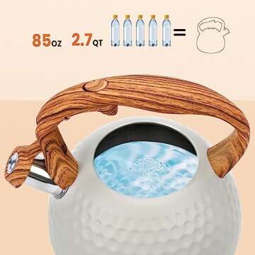 KIAADSY Tea Kettle, 3.2 Qt Tea Kettles Stovetop,Food Grade Stainless Steel Teakettle with Wood Pattern Handle，whistling teapot for stovetop for Coffee, Teapot（Cream）