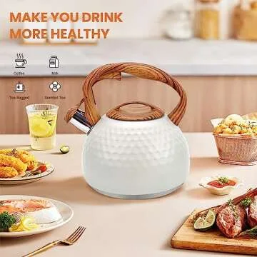 KIAADSY Tea Kettle, 3.2 Qt Tea Kettles Stovetop,Food Grade Stainless Steel Teakettle with Wood Pattern Handle，whistling teapot for stovetop for Coffee, Teapot（Cream）