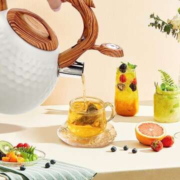 KIAADSY Tea Kettle, 3.2 Qt Tea Kettles Stovetop,Food Grade Stainless Steel Teakettle with Wood Pattern Handle，whistling teapot for stovetop for Coffee, Teapot（Cream）