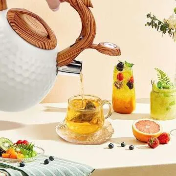 KIAADSY Tea Kettle, 3.2 Qt Tea Kettles Stovetop,Food Grade Stainless Steel Teakettle with Wood Pattern Handle，whistling teapot for stovetop for Coffee, Teapot（Cream）