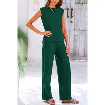 PRETTYGARDEN Women's 2 Piece Outfits Knit Loungewear High Low Pullover Tops and Wide Leg Pants Casual Sweater Sets Tracksuits (Dark Green,Small)