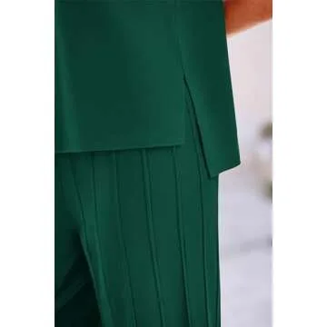 PRETTYGARDEN Women's 2 Piece Outfits Knit Loungewear High Low Pullover Tops and Wide Leg Pants Casual Sweater Sets Tracksuits (Dark Green,Small)