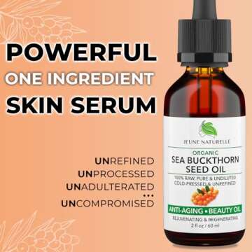 Jeune Naturelle Sea Buckthorn Oil Organic, From Fruit & Seeds, 100% Pure RAW Virgin Cold-Pressed Undiluted Unrefined, Fast Absorbing, Travel Size, Non-Comedogenic