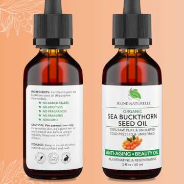 Jeune Naturelle Sea Buckthorn Oil Organic, From Fruit & Seeds, 100% Pure RAW Virgin Cold-Pressed Undiluted Unrefined, Fast Absorbing, Travel Size, Non-Comedogenic