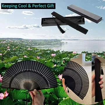 Silk Folding Fan, Bamboo Wood Hand Fan Japanese Vintage Retro Style Handmade Handheld Fan with a Fabric Sleeve and Tassels for Home Decoration Party Father's Day Wedding Dancing Easter Summer Gift