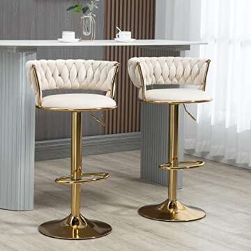 Ivory White Velvet Bar Stools Set of 2- 360° Swivel Adjustable Bar Chairs Kitchen Stool Counter Hei...