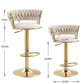 Ivory White Velvet Bar Stools Set of 2- 360° Swivel Adjustable Bar Chairs Kitchen Stool Counter Height Island Chairs Sillas Para Barra De Cocina High Barstools with Back Gold Footrest for Home Bar