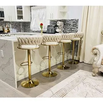 Ivory White Velvet Bar Stools Set of 2- 360° Swivel Adjustable Bar Chairs Kitchen Stool Counter Height Island Chairs Sillas Para Barra De Cocina High Barstools with Back Gold Footrest for Home Bar