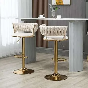 Ivory White Velvet Bar Stools Set of 2- 360° Swivel Adjustable Bar Chairs Kitchen Stool Counter Height Island Chairs Sillas Para Barra De Cocina High Barstools with Back Gold Footrest for Home Bar