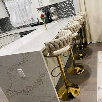 Ivory White Velvet Bar Stools Set of 2- 360° Swivel Adjustable Bar Chairs Kitchen Stool Counter Height Island Chairs Sillas Para Barra De Cocina High Barstools with Back Gold Footrest for Home Bar