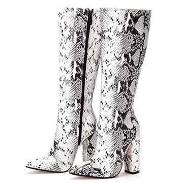 MOFEEDOUKA Women's Boots Knee High Snake Print Bootie Chunky High Heels Pointed Toe Women Shoes