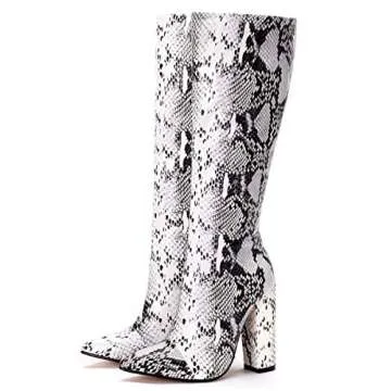 MOFEEDOUKA Women's Boots Knee High Snake Print Bootie Chunky High Heels Pointed Toe Women Shoes