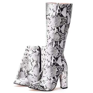 MOFEEDOUKA Women's Boots Knee High Snake Print Bootie Chunky High Heels Pointed Toe Women Shoes