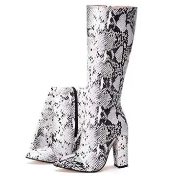 MOFEEDOUKA Women's Boots Knee High Snake Print Bootie Chunky High Heels Pointed Toe Women Shoes