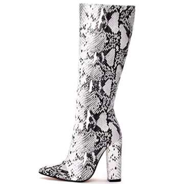 MOFEEDOUKA Women's Boots Knee High Snake Print Bootie Chunky High Heels Pointed Toe Women Shoes
