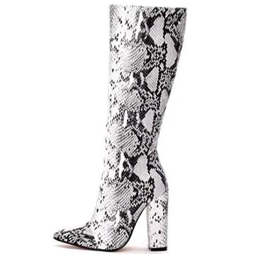 MOFEEDOUKA Women's Boots Knee High Snake Print Bootie Chunky High Heels Pointed Toe Women Shoes