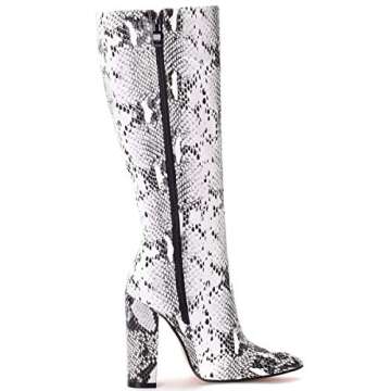 MOFEEDOUKA Women's Boots Knee High Snake Print Bootie Chunky High Heels Pointed Toe Women Shoes