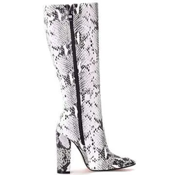 MOFEEDOUKA Women's Boots Knee High Snake Print Bootie Chunky High Heels Pointed Toe Women Shoes