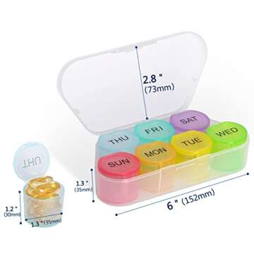 NatureTouch Weekly Pill Organizer, BPA Free Medicine Organizer Rainbow 7 Day Pill Box, Daily Portable Pill Conatainer for Pills/Vitamin/Fish Oil/Supplements [Lastest Version]