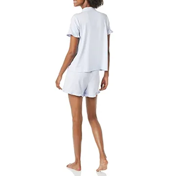 Amazon Essentials Women's Cotton Modal Piped Notch Collar Pajama Set (Available in Plus Size), Pale Blue, Large