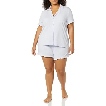 Amazon Essentials Women's Cotton Modal Piped Notch Collar Pajama Set (Available in Plus Size), Pale Blue, Large