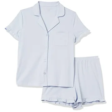 Amazon Essentials Women's Cotton Modal Piped Notch Collar Pajama Set (Available in Plus Size), Pale Blue, Large