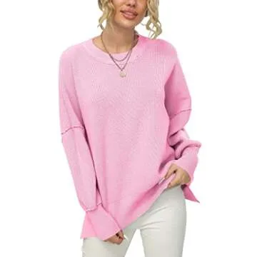 LOGENE Women's Oversized Crewneck Batwing Long Sleeve Side Slit Ribbed Knit Pullover Sweater Tops 2024 Fashion Clothes Light Pink Small