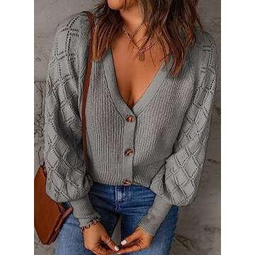 KIRUNDO Womens Cardigan 2024 Fall Casual Long Sleeve Lightweight Cardigans Button Open Front Ribbed Knit Sweater Tops(Grey, Small)