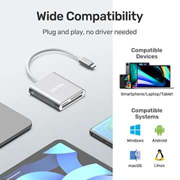 Unitek USB C SD Card Reader, Aluminum 3-Slot USB 3.0 Type-C Flash Memory Card Reader for USB C Device, Supports SanDisk Compact Flash Memory Card and Lexar Professional CompactFlash Card - Grey