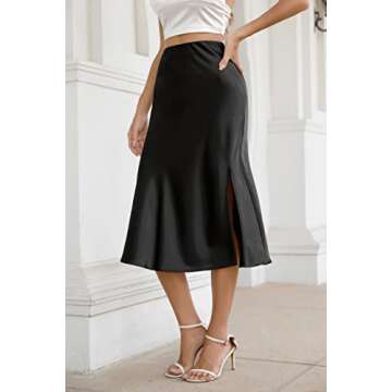 ALCEA ROSEA Womens Silky Satin Midi Skirt High Waist Elastic Waist A Line Flared Skirt with Slit (Black, Large)