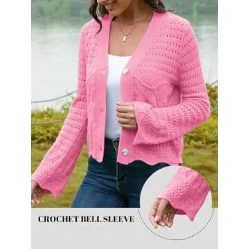 V FOR CITY Womens Cropped Cardigan Bell Sleeve Button Down Crochet Cardigans Scallop Trim Shrug Swea...